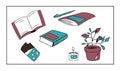 A set of Doodle images about reading. Books, notebook, pen, potted flower, mood chocolate, scented candle. Isolated images on a wh